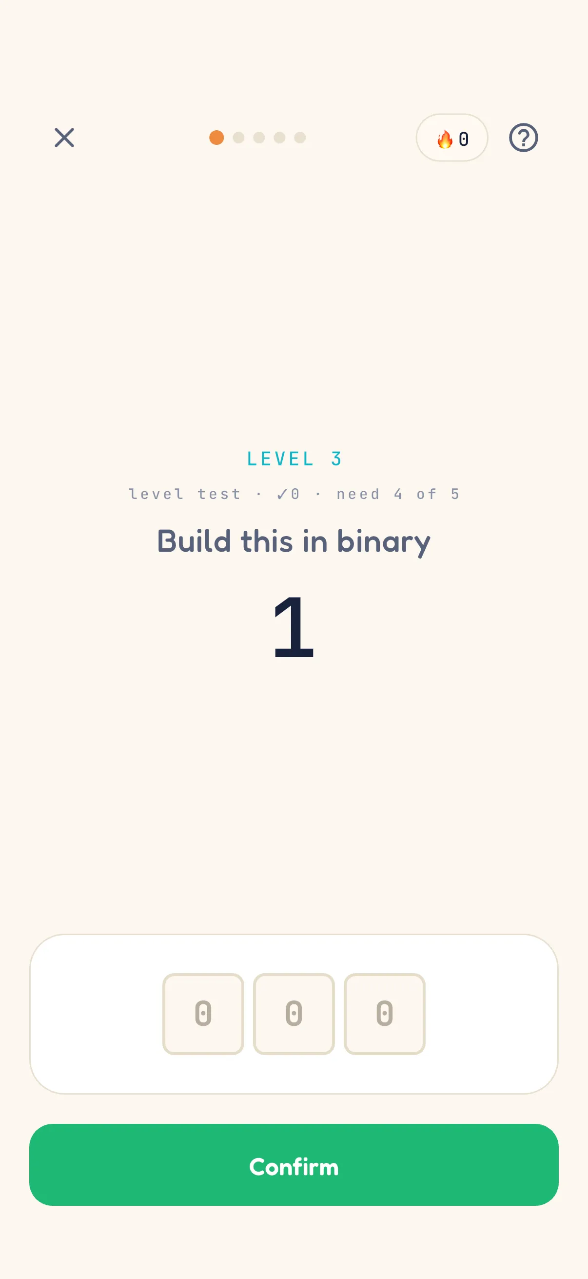 Binary drill — tap the bit row to build the answer for a decimal number