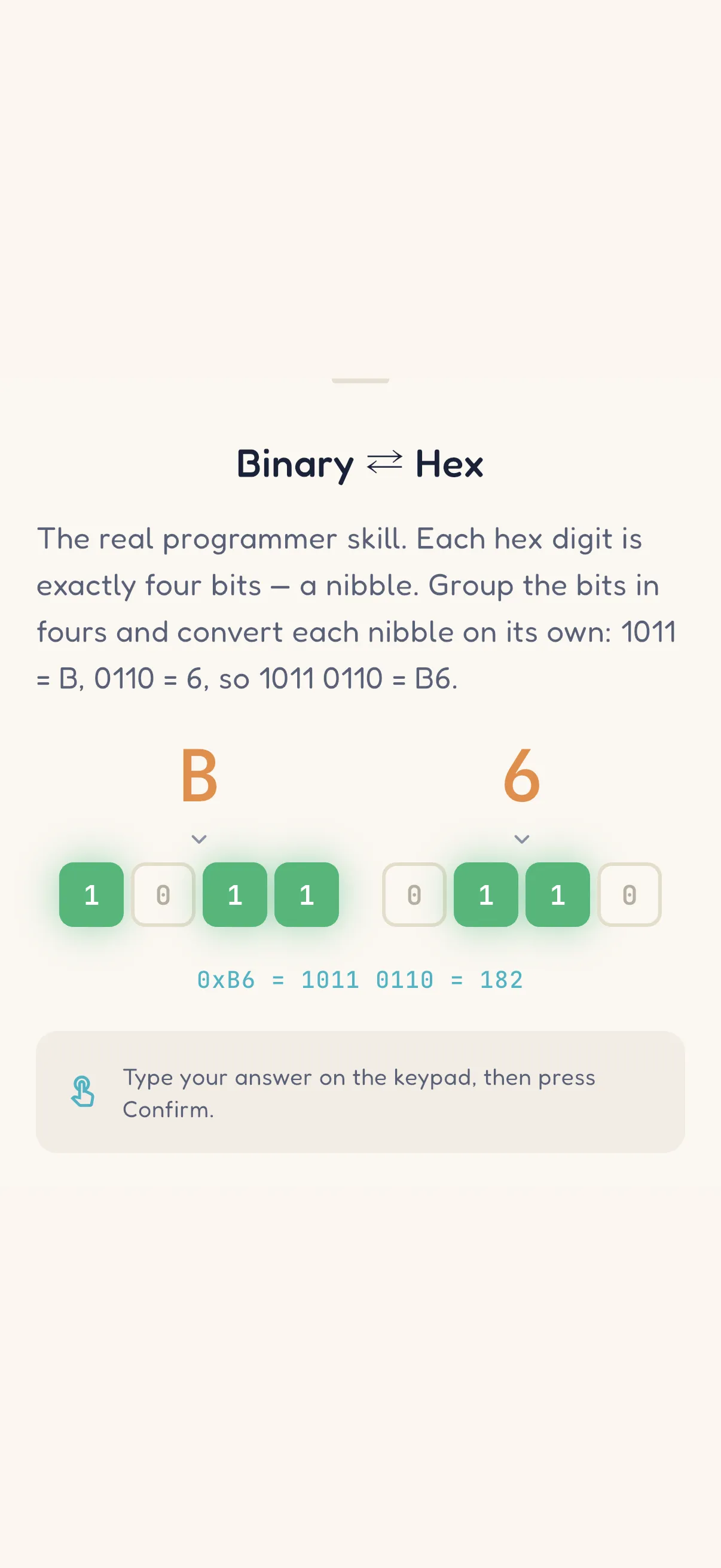 The nibble teaching block — 0x61 = 0110 0001 = 97 over colour-coded 4-bit nibbles
