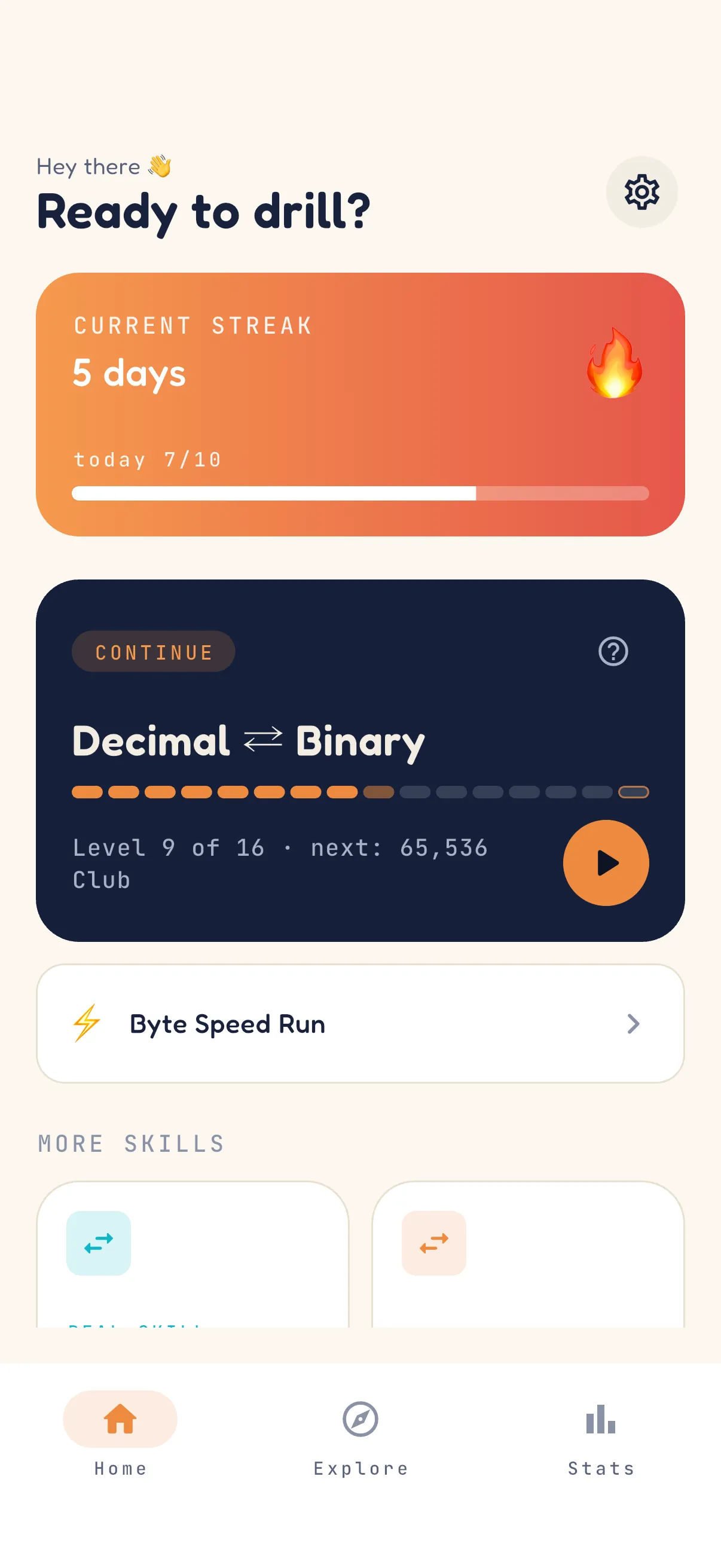 Home — your daily goal, streak, and the bit-by-bit level climb